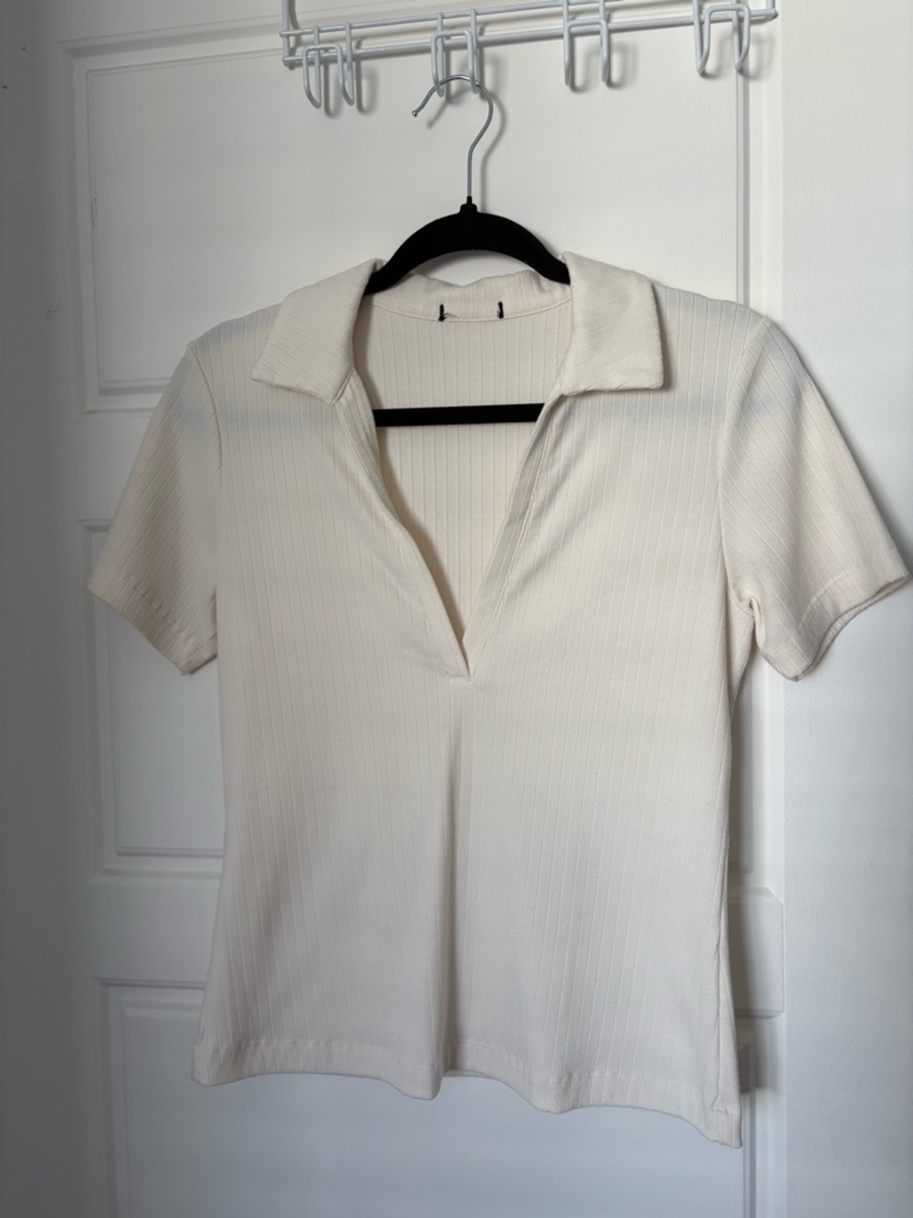 Dynamite Ribbed V-Neck Polo Top - Cream